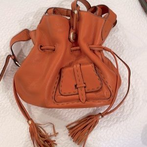 Lancel Paris orange leather bucket bag